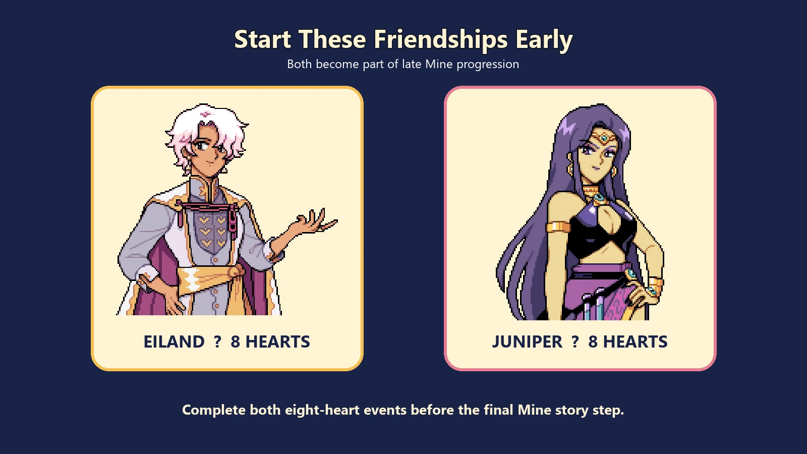 Eiland and Juniper both need eight hearts for late Mine progression
