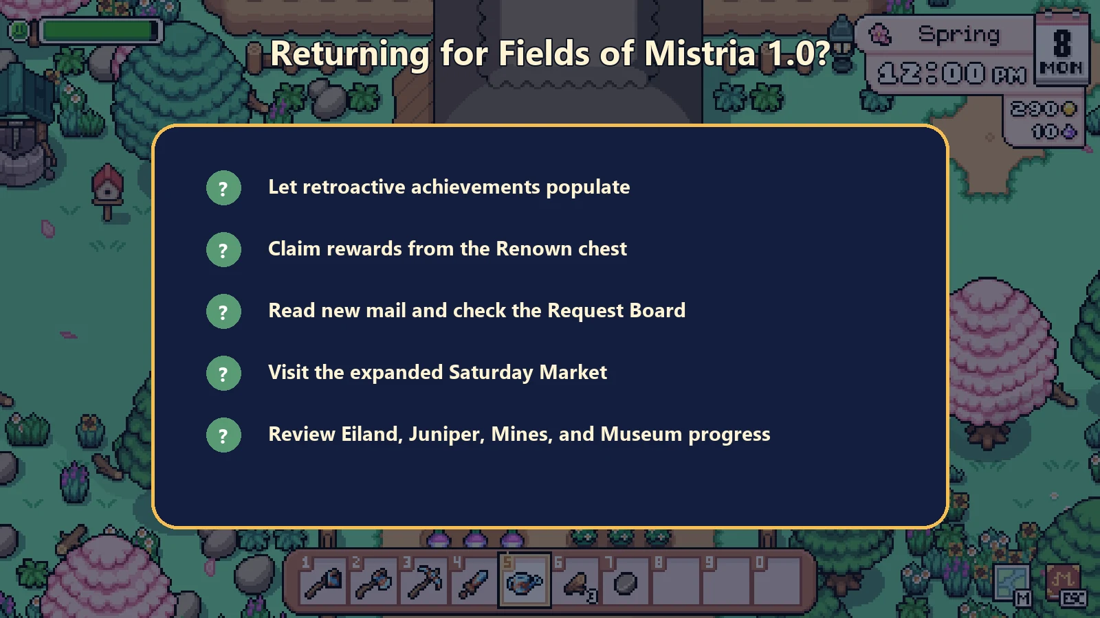 Fields of Mistria 1.0 checklist for returning players