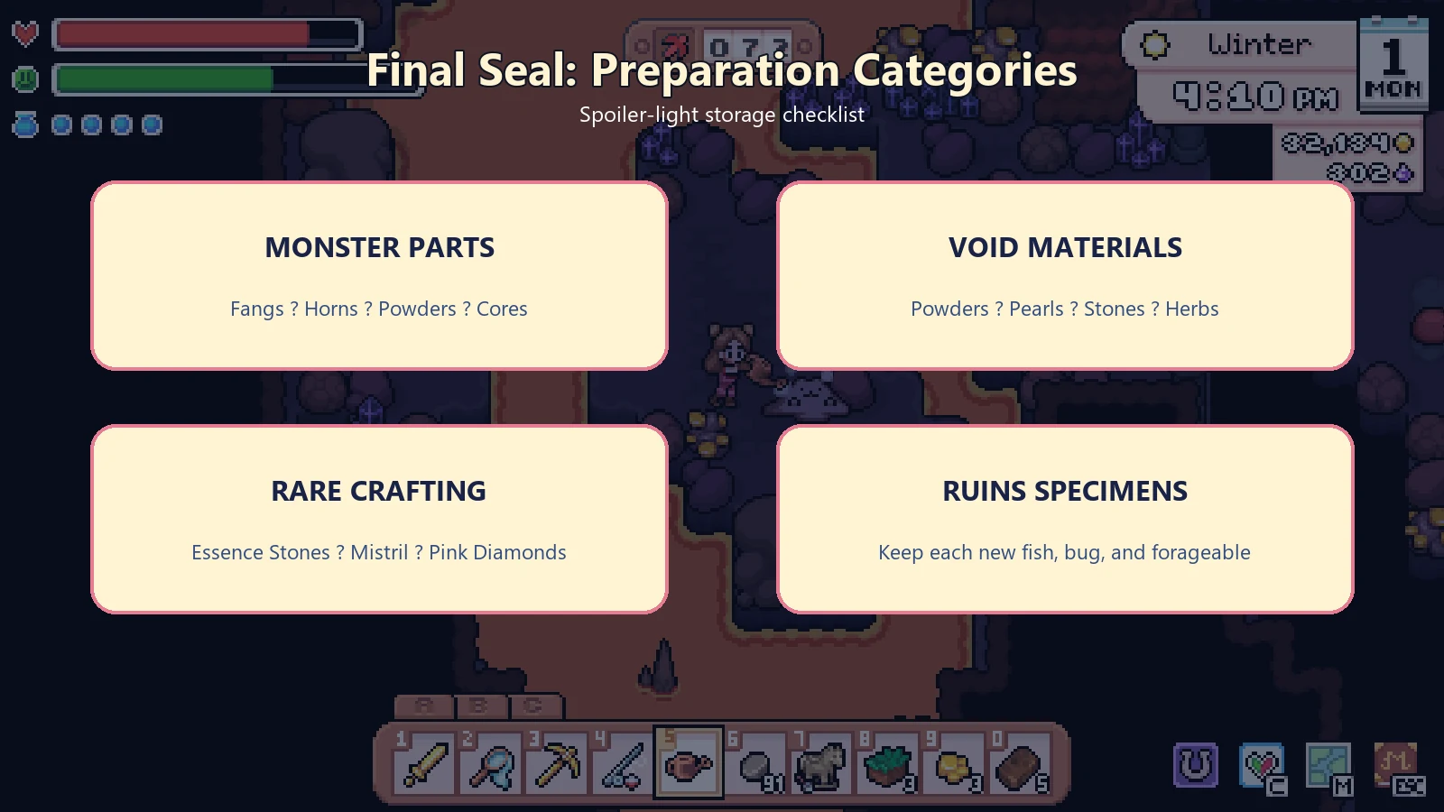 Spoiler-light preparation categories for the final Mine seal