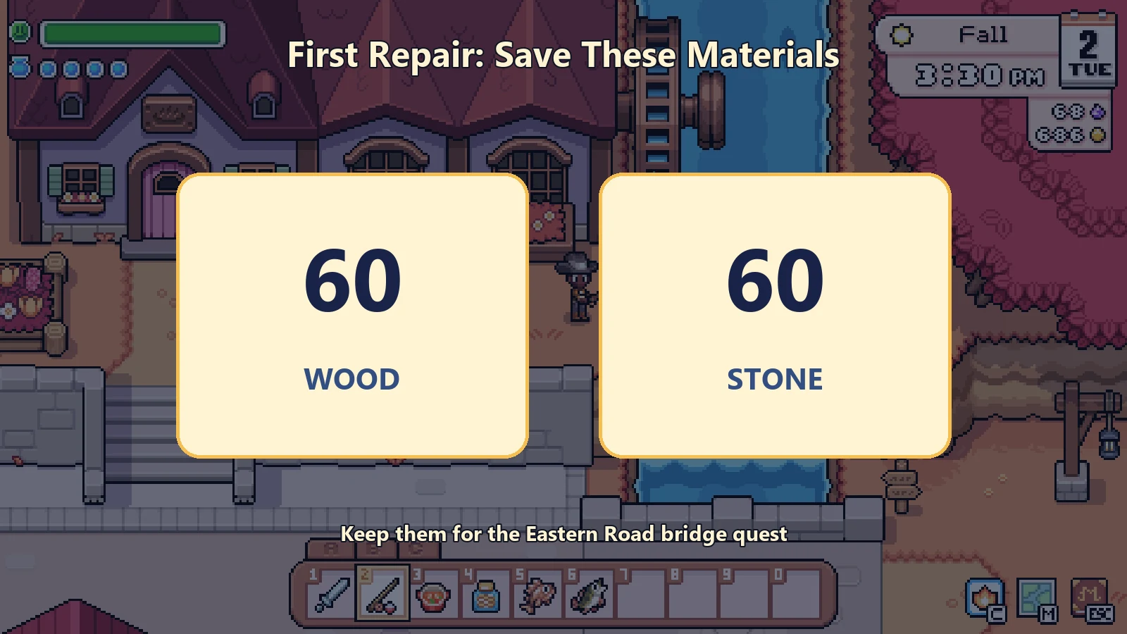 The 60 Wood and 60 Stone required for the first bridge repair