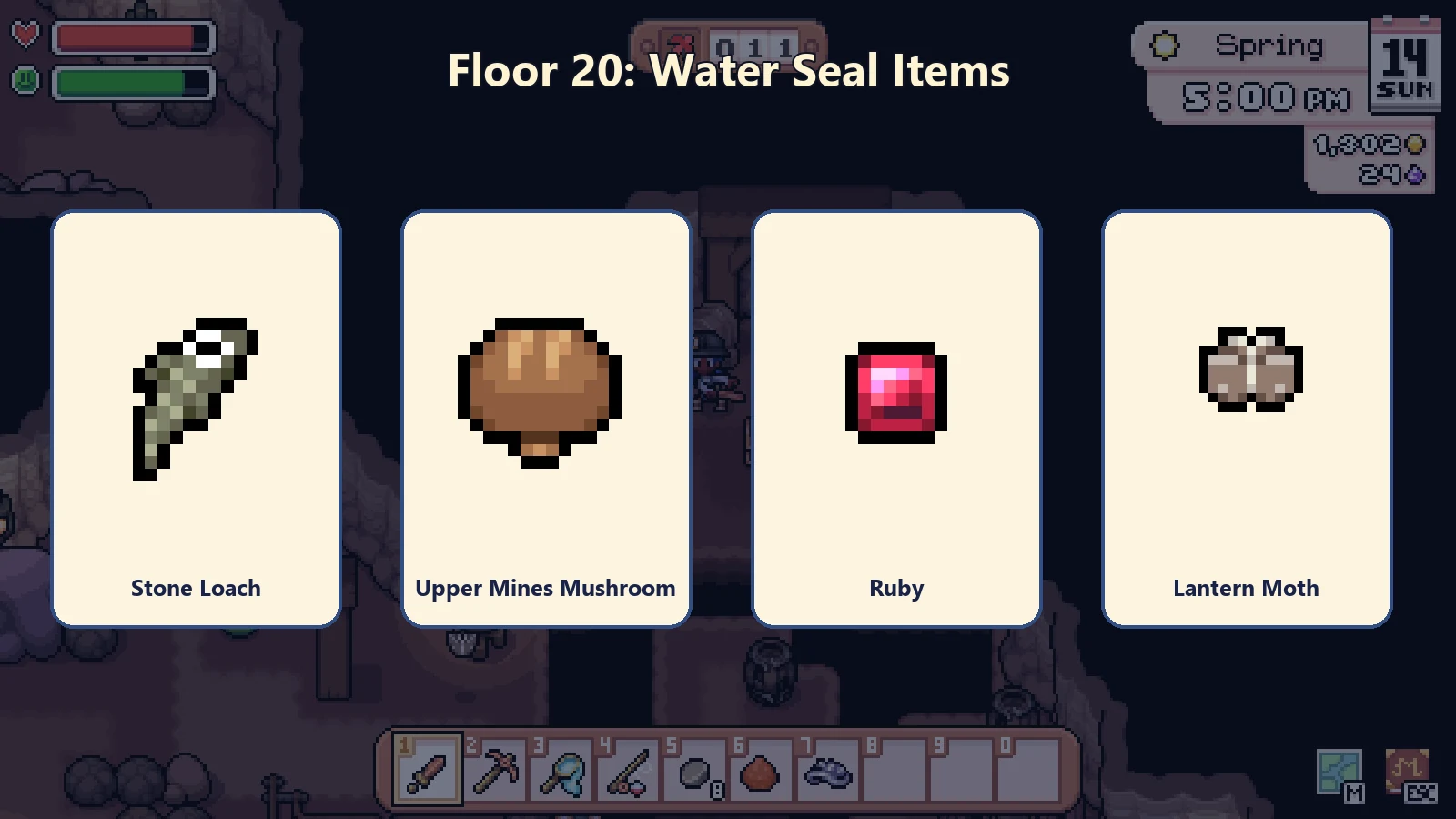 Stone Loach, Upper Mines Mushroom, Ruby, and Lantern Moth required at Mine floor 20