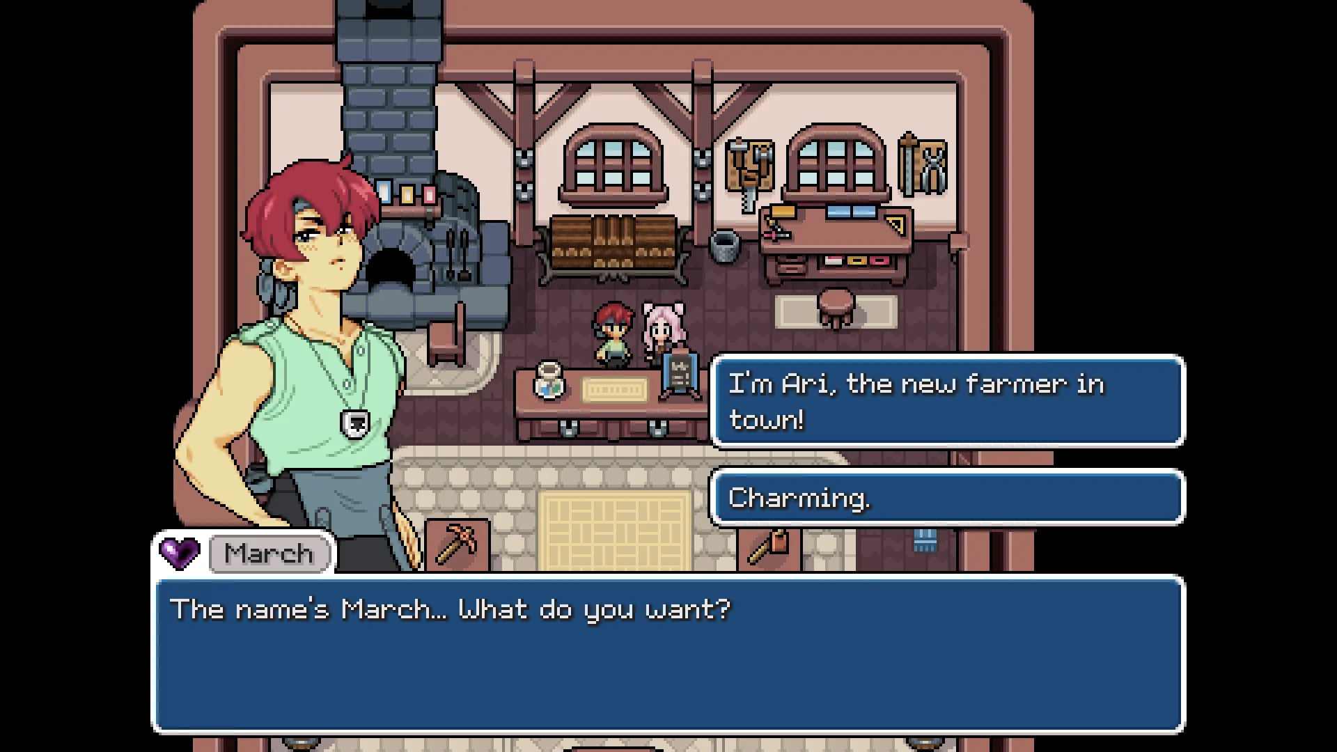 March speaking to the player inside the Blacksmith shop