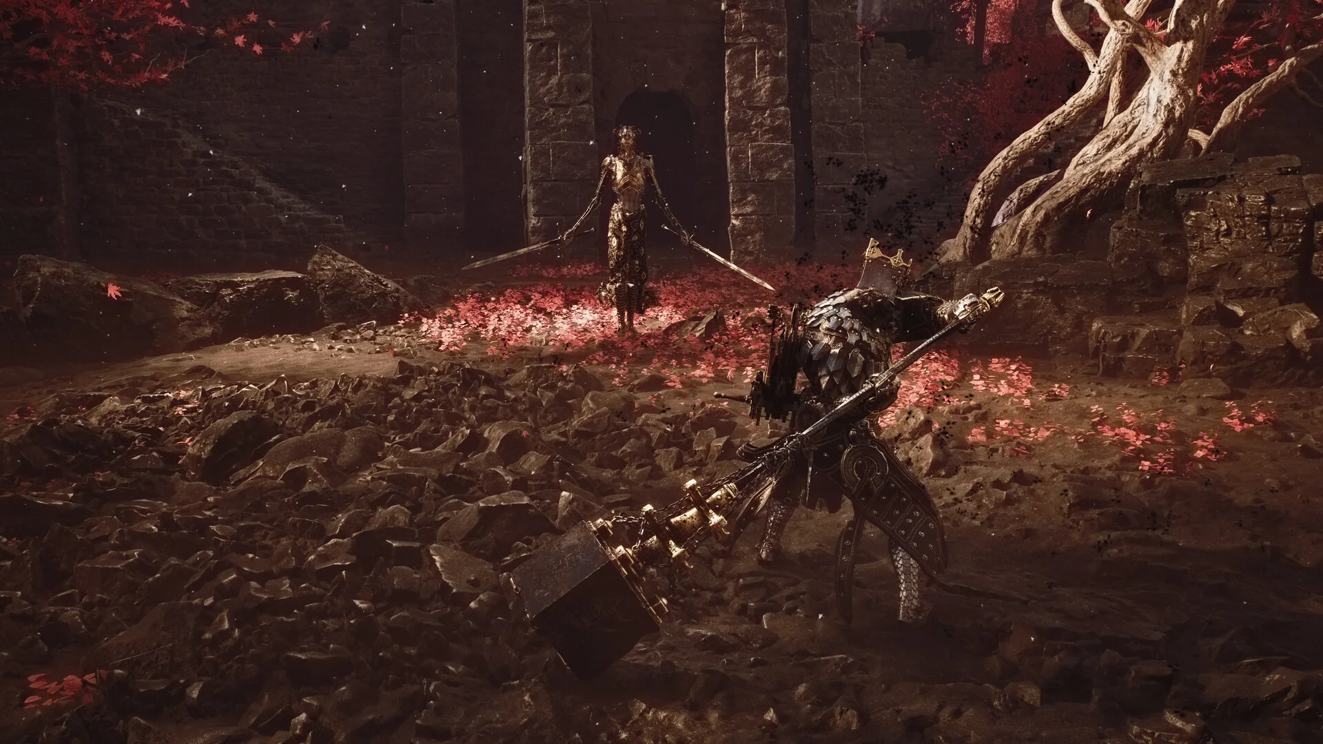 A warrior fighting a large enemy in Mortal Shell II