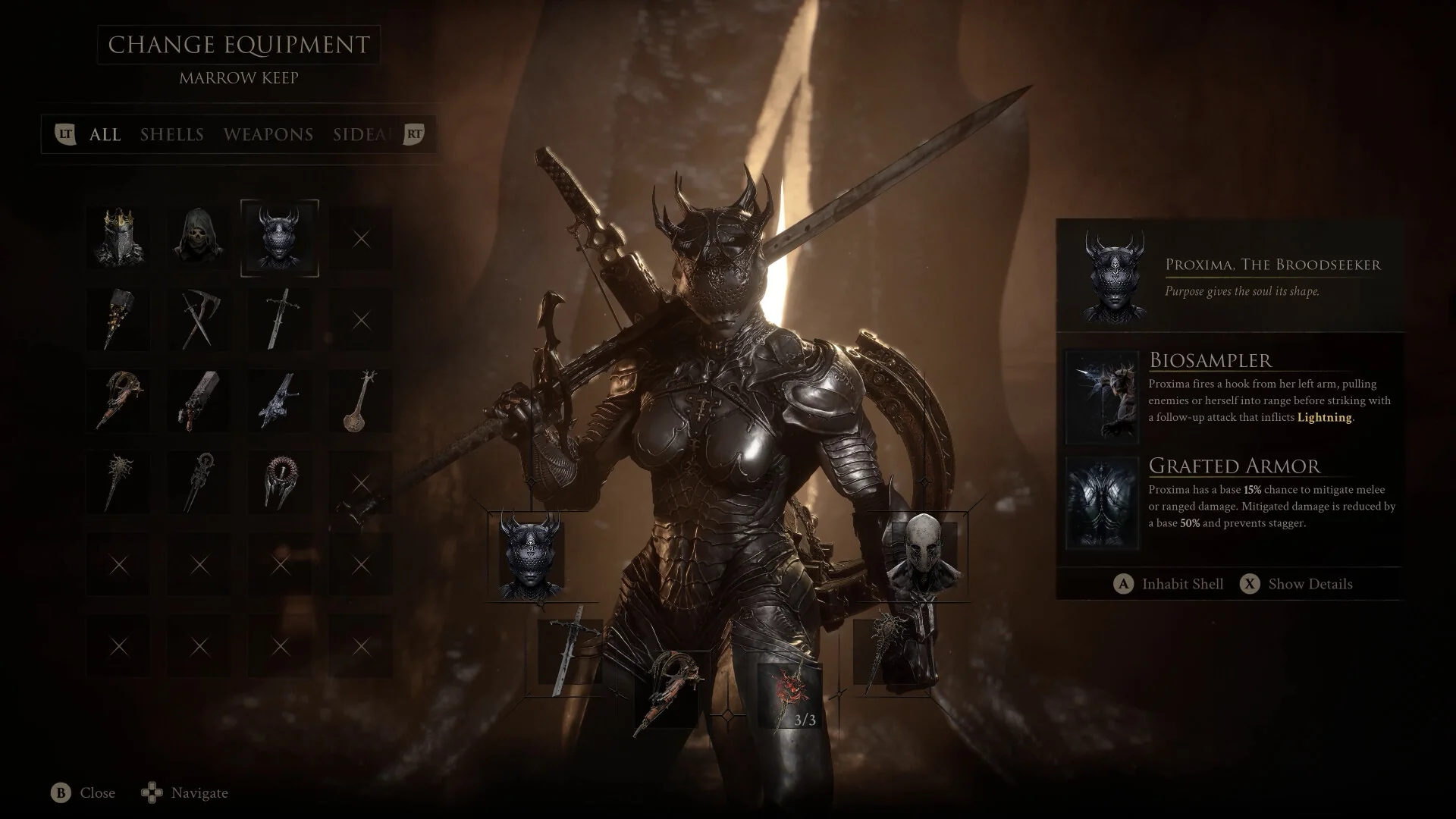 The Shell and equipment menu in Mortal Shell II
