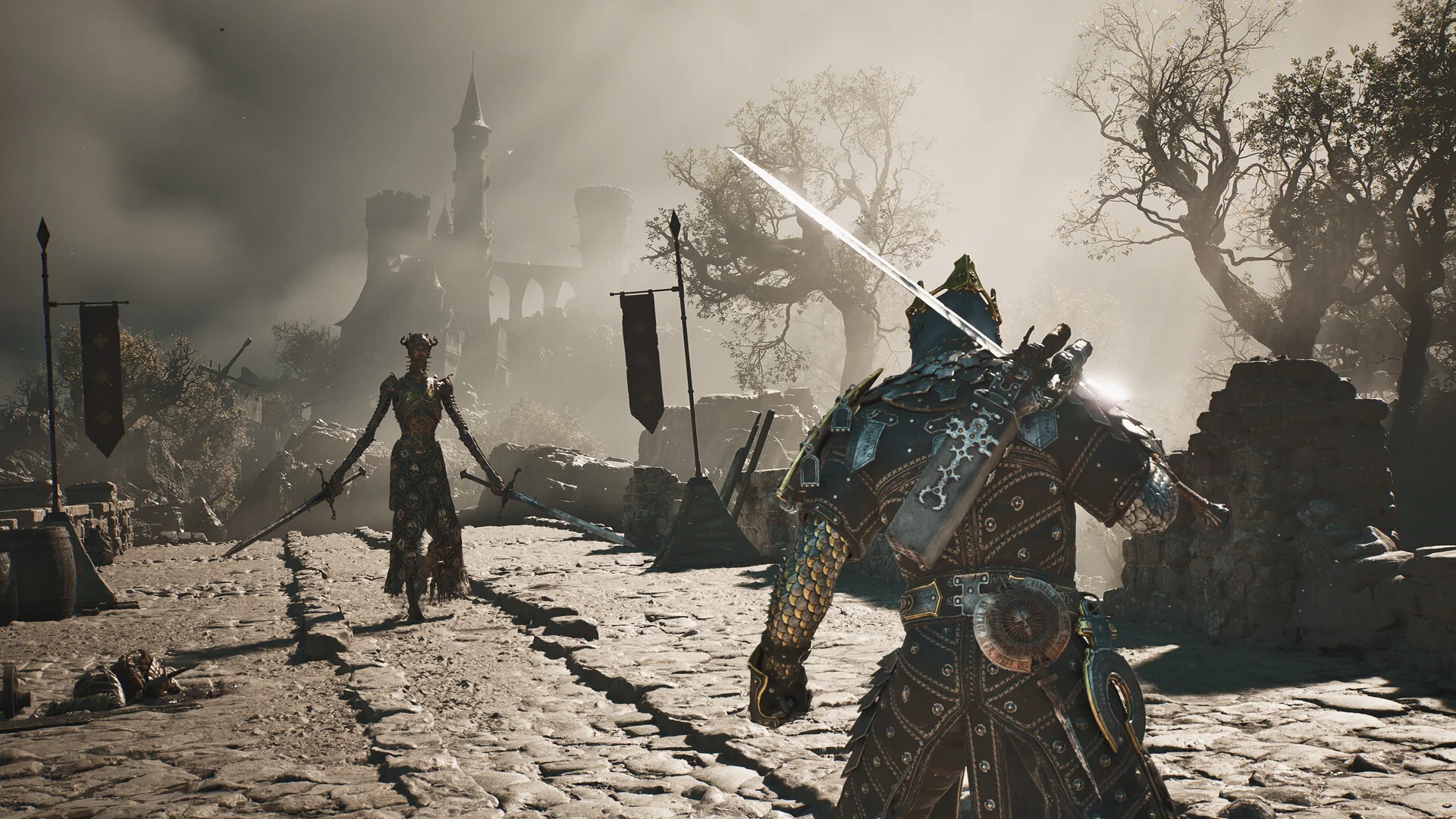 An armored Shell preparing to fight in the ruins of Mortal Shell II