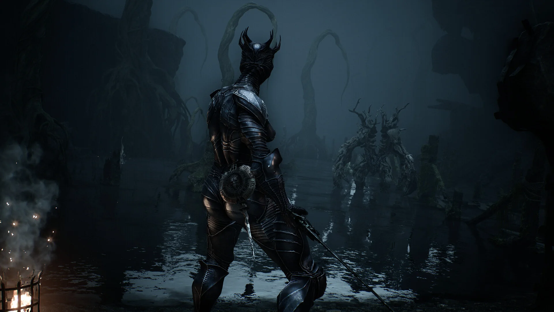 A heavily armored Shell standing in a dark blue battlefield