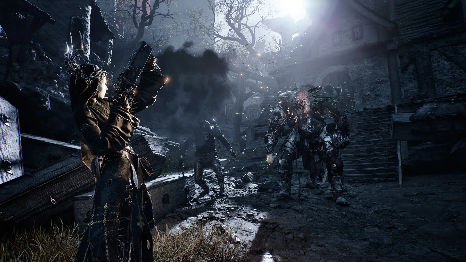 A Shell confronting a group of enemies in Mortal Shell II